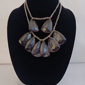 Statement Necklace W/ Double Silver tone Chain & Large Stones